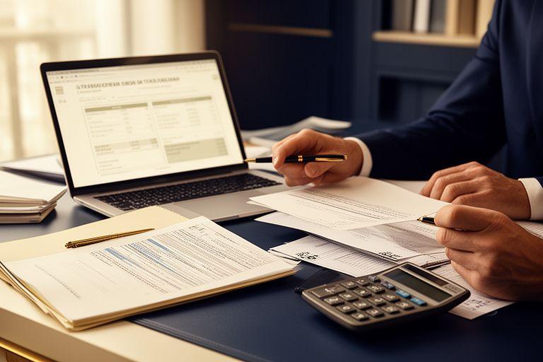 Consulente fiscale analizza il credito d'imposta con laptop, documenti e calcolatrice su scrivania elegante