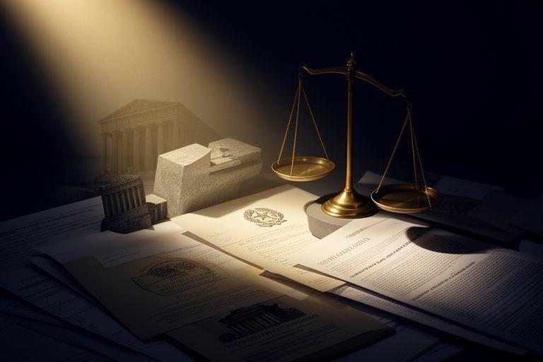 Vista concettuale del sistema fiscale italiano con elementi di luce e ombra, bilancia e documenti