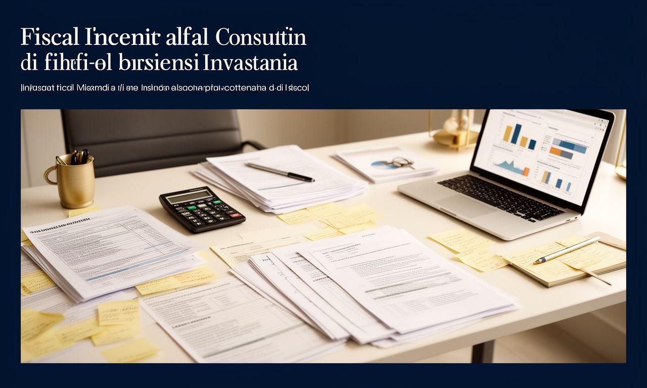 Scrivania professionale con documenti fiscali, grafici e calcolatrice per la guida ai bonus fiscali 2024