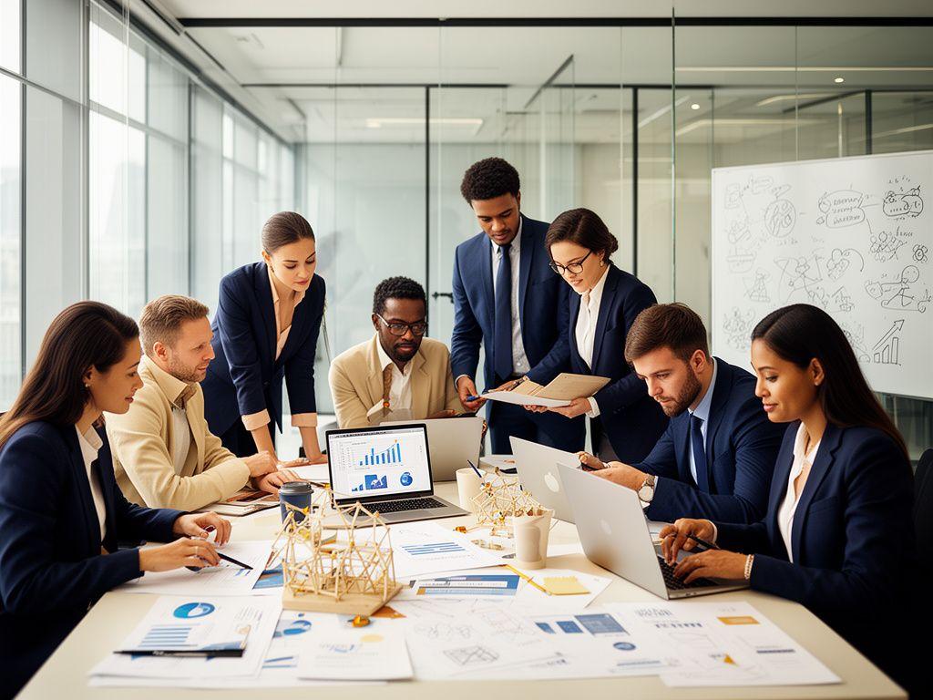 Team aziendale che lavora a un progetto di ricerca e innovazione in ufficio moderno