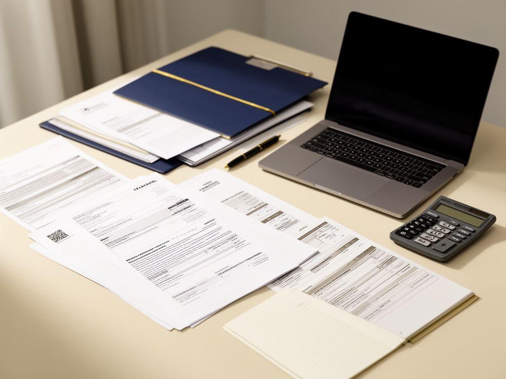 Pratiche e documenti fiscali ordinati su una scrivania con laptop e calcolatrice