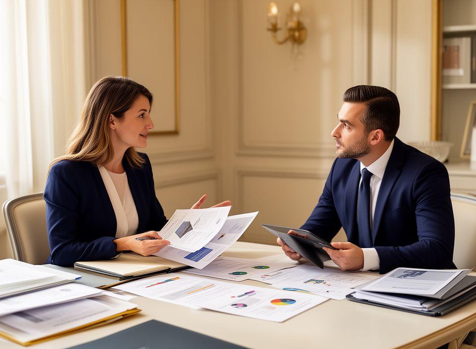 Consulente fiscale che illustra documenti e strategie a un cliente in ambiente professionale e rassicurante