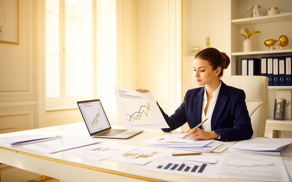 Ufficio luminoso con consulente fiscale, grafici in crescita e dettagli dorati che evocano opportunità e ottimizzazione
