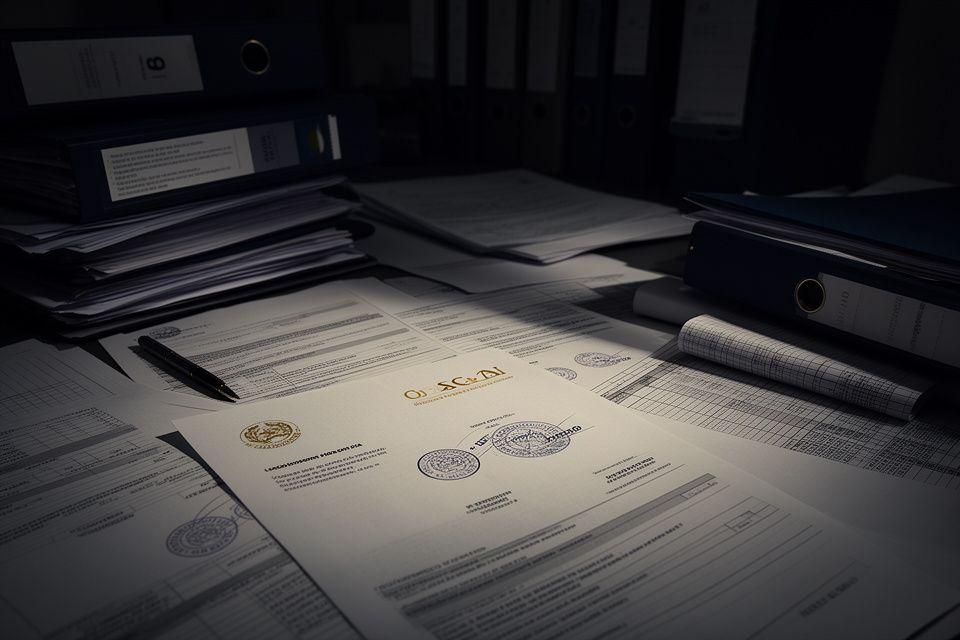 Scenario scuro con documenti fiscali, timbri e fascicoli che rappresentano burocrazia e complessità normativa